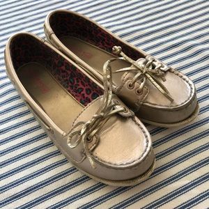 Girls Sperry Metallic Gold Leather Boat Shoes 3